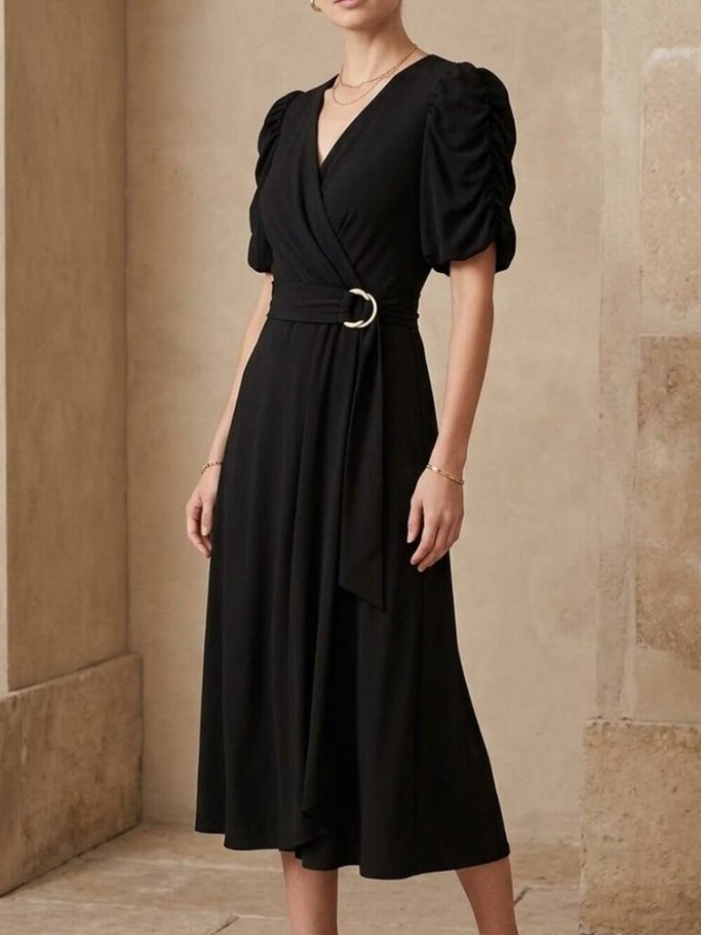 NWT Shoshanna Salisbury Black Puff-Sleeve Midi Dress - Belted - Size M see meas